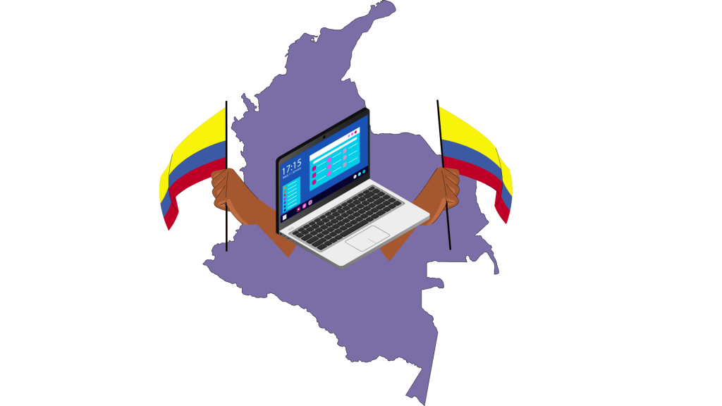 Mapa de Colombia resaltando ciudades importantes como Bogotá, Medellín, Cali y Barranquilla, con un computador representando la terapia online.
