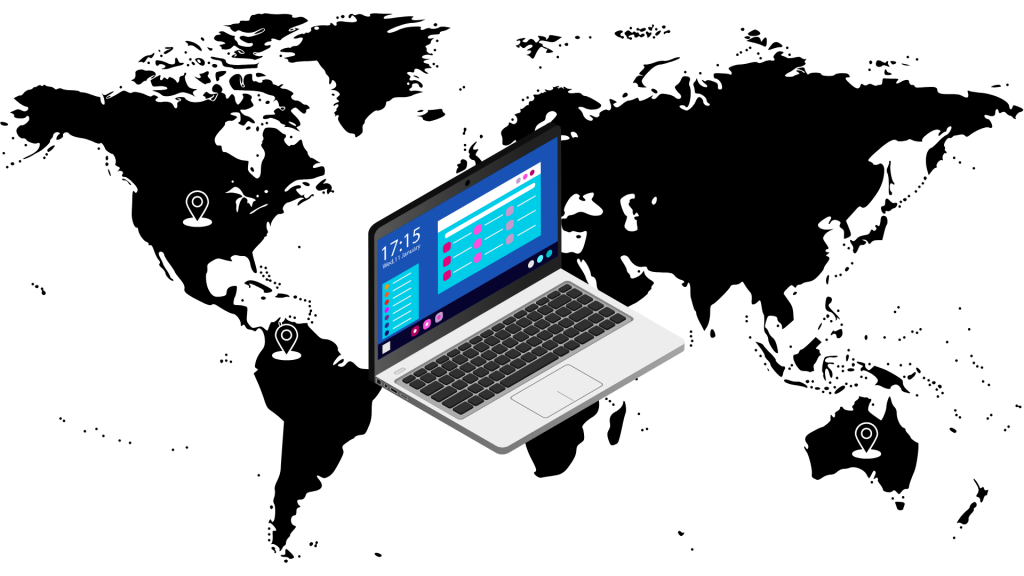 Globo terráqueo con marcadores en países como Colombia, Estados Unidos, España, México y Argentina, representando la conexión global de la terapia psicológica online.